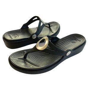Crocs Black/Silver Sanrah Wedge Sandals Flip Flops Size 7